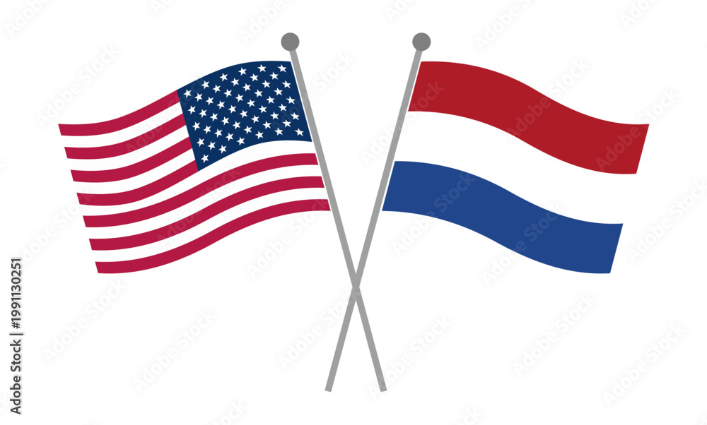 Obraz premium United States and Netherlands crossed national flags on flagpoles representing diplomatic relations, international partnership and geopolitical cooperation vector illustration