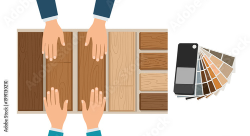 Choosing wooden panels: hands selecting wood samples with color swatches