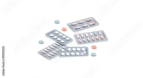 Assorted medicine blisters and pills on white background