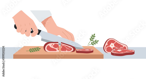 Person slicing meat on cutting board with knife and herbs, flat design