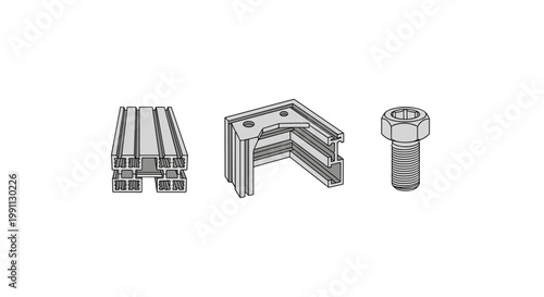 Isometric engineering parts: aluminum profile, bracket, hex bolt