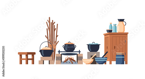 Cozy rustic kitchen scene with vintage cookware and wooden furniture