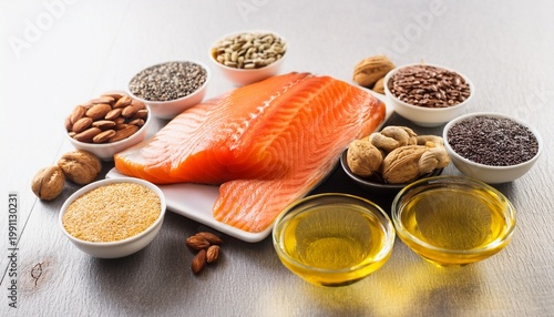 omega 3 rich foods salmon fish oil walnuts flax seeds and fish oil capsules