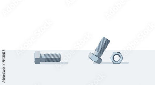 Realistic hexagon bolts and nuts on white background with shadows