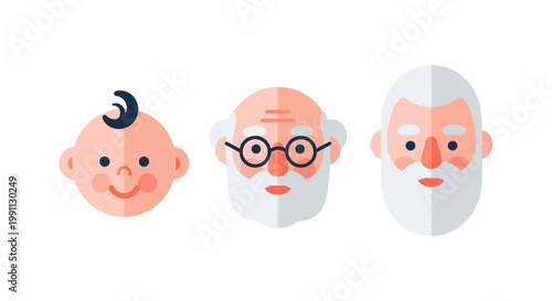 Generations face icons: baby and elderly flat style collection