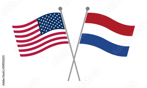 United States and Netherlands crossed national flags on flagpoles representing diplomatic relations, international partnership and geopolitical cooperation vector illustration