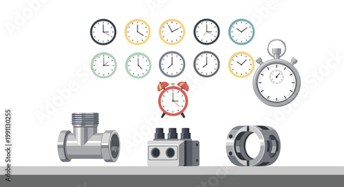 Variety of clocks and industrial parts in flat style