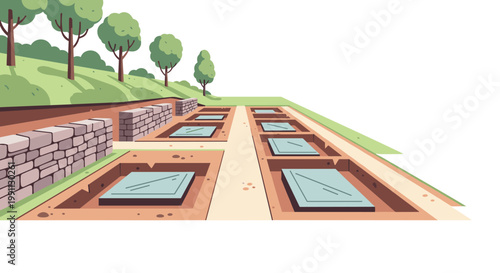 Flat style cemetery with tombstones and trees on a hillside landscape