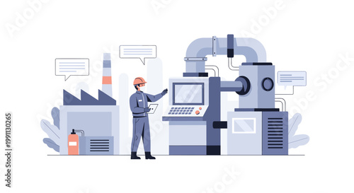 Industrial automation and smart manufacturing concept with engineer and robotic machinery
