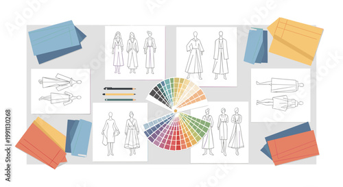 Fashion design workspace with flat style sketches and color palette for creative inspiration