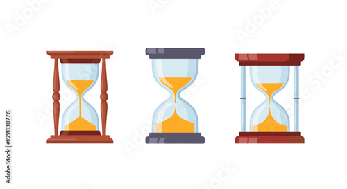 Set of classic hourglass designs with sand flowing in different styles