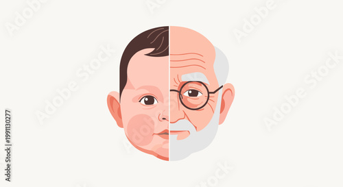 Contrast of age: baby and elderly face split design in minimalist style