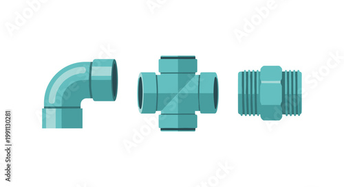 Colorful plumbing elements set: elbow, cross, and connector