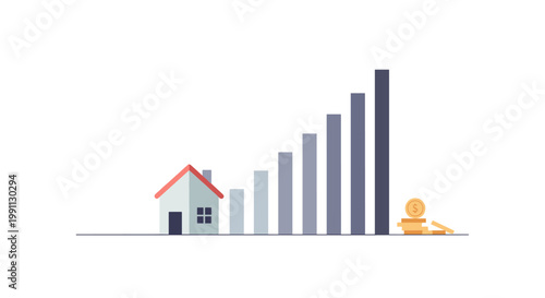 Minimalist economic growth with bar chart, house, and coins