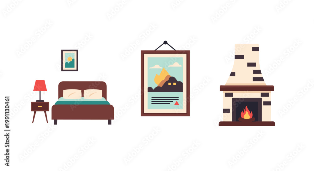 Naklejka premium Cozy interior design elements: bedroom, art, and fireplace in flat style