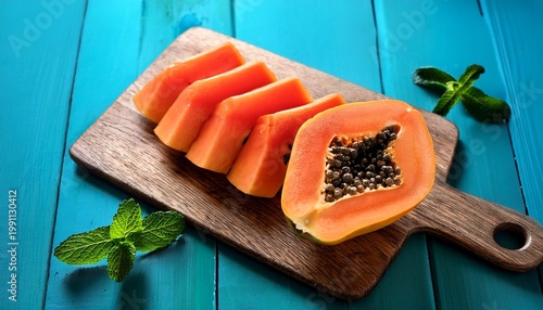 sliced papaya on wooden cutting board with mint leaves