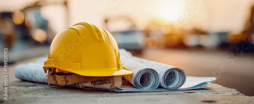 Panel kuchenny z motywem Construction site with yellow hard hat and rolled plans during sunset in warm light