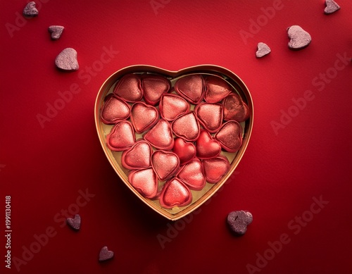 box with candies in the form of a heart on a red background