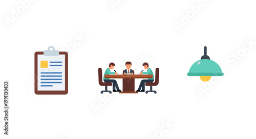 Collaborative business meeting icons featuring teamwork, document, and office lighting elements