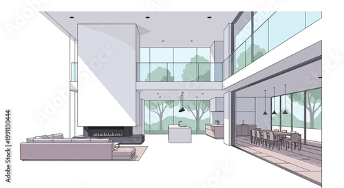 Modern minimalist living room interior with large windows and open layout