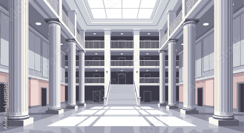 Grand architectural atrium with skylight and classical columns