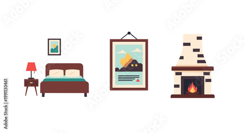 Cozy interior design elements: bedroom, art, and fireplace in flat style