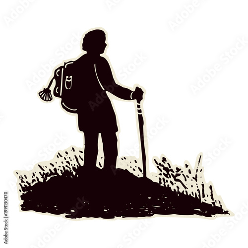 Sketch of pilgrim figure with hat, backpack on path with walking stick, shell church. Faith based Canterbury pilgrims way or Santiago de Compostela Camino religious pilgrimage walk motif. 