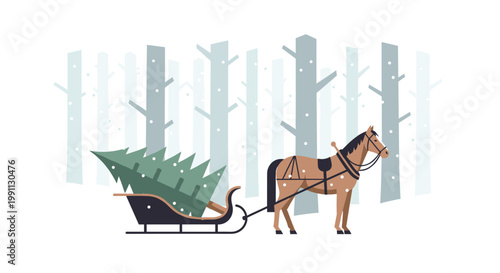 Winter forest scene with horse and sleigh carrying evergreen tree