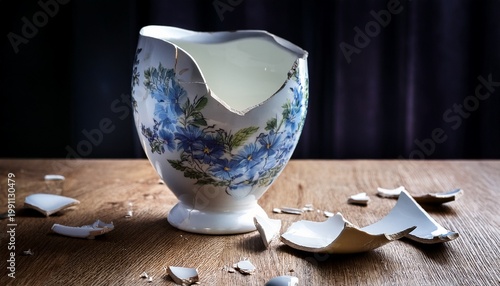 broken porcelain vase with floral design still life imperfection