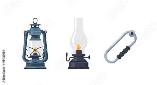 Vintage lanterns and carabiner set for outdoor adventure and camping