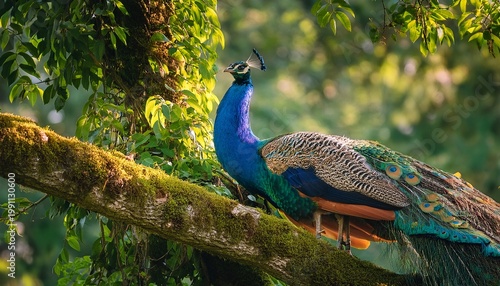 peacock perched gracefully under lush green canopy in shaded woodland