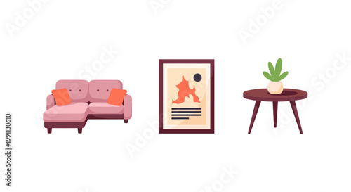 Flat style living room set with sofa, art, and plant on table