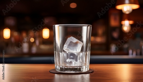 an empty glass with ice cubes on the bar counter in an american style restaurant front view high resolution photography