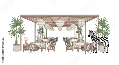 Tropical lounge scene with zebra and rattan furniture under lanterns