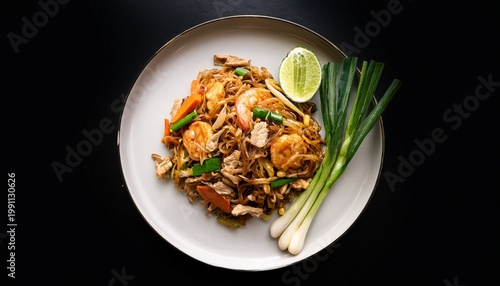 pad see ew thai stir fried rice noodles with vegetables and meat on black background top view food photography authentic asian cuisine dish