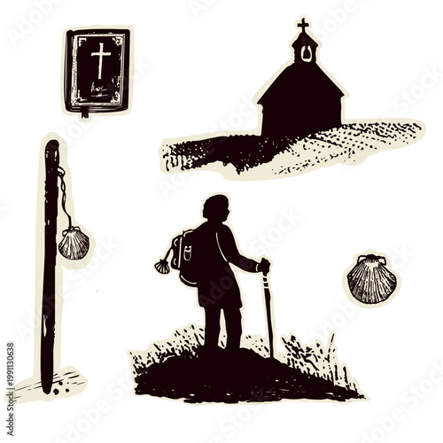 Clipart set pilgrim figure with rucksack, bible, shell, staff stick. Church sanctuary for Canterbury pilgrims way or Camino religious pilgrimage walk. Hospitality sacred bible vector icon black motif.