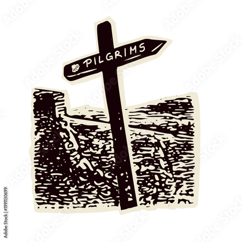 Pilgrims way shell signpost symbol icon of scallop sign. Simple religious motif sign for walkers seeking sanctuary hospitality on camino, Santiago de Compostela or Canterbury sacred pilgrimage trail. 