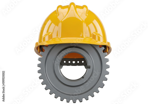 A yellow hard hat sitting on top of a gray gear on transparent background