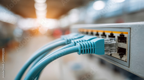 Network cables connect to a switch in a data center during the late afternoon