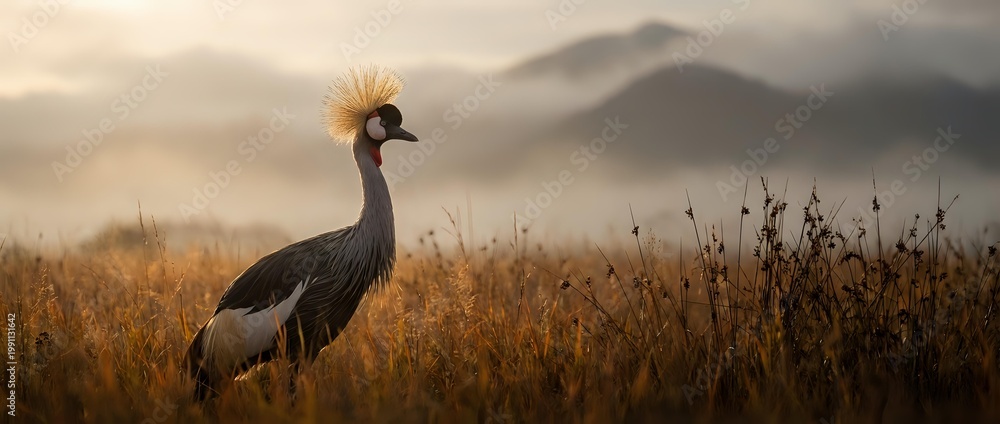 Fototapeta premium Grey crowned crane standing in golden grassland at sunset with misty mountains in background creating serene African wildlife scene for nature photography.