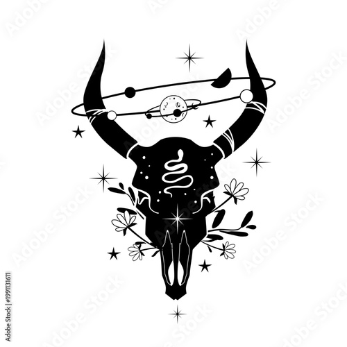 Black and white vector illustration of a bull skull with snake, orbiting planet, flowers, and stars. Mystical celestial design for tattoo, print, or poster.