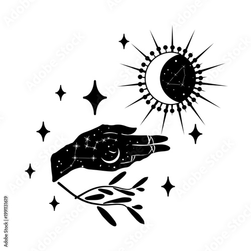 Black and white vector illustration of a hand with constellation, crescent moon, radiant sun, and branch. Mystical celestial design for tattoo, print, or poster.