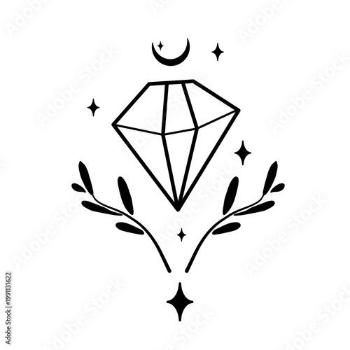 Black and white vector illustration of a crystal with crescent moon, branches, and stars. Minimal mystical celestial design for tattoo, print, or poster.