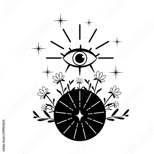 Black and white vector illustration of an eye above a floral radiant circle with stars. Mystical celestial symbol for tattoo, print, poster, or logo.