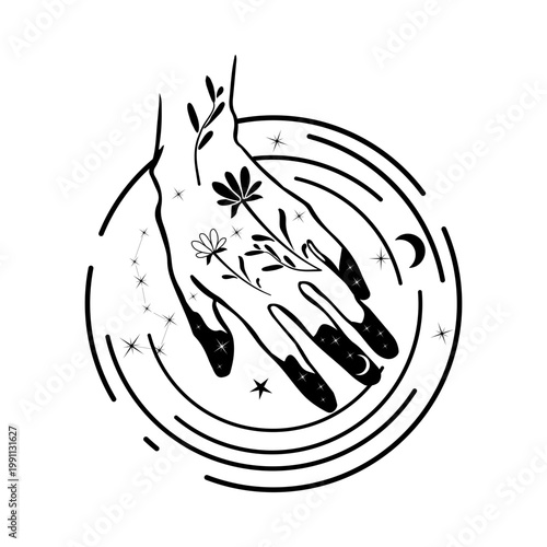 Black and white vector illustration of a hand with floral elements, stars, and circular lines. Minimal mystical composition for tattoo, print, poster, or logo.