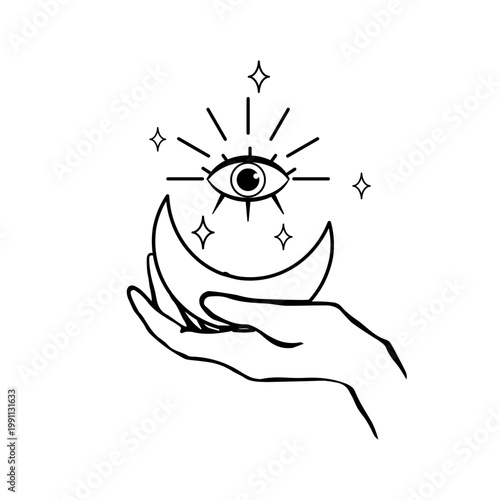 Black and white vector illustration of a hand holding a crescent moon and radiant eye with stars. Mystical celestial design for tattoo, print, or poster.