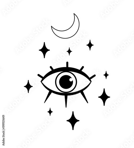 Black and white vector illustration of an eye with crescent moon and stars. Minimal mystical symbol design for tattoo, print, poster, sticker, or logo.