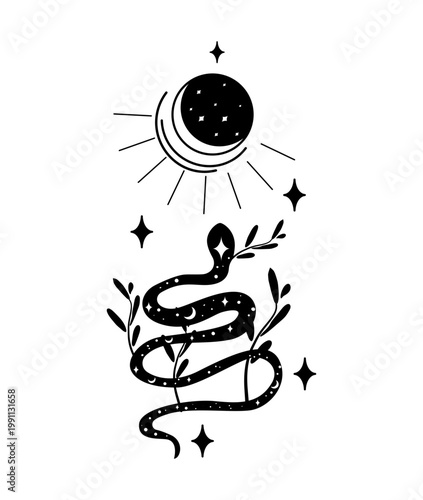 Black and white vector illustration of a snake with crescent moon, stars, and branches. Mystical celestial design for tattoo, print, poster, or emblem.