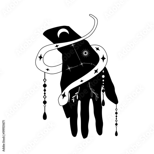 Black and white vector illustration of a hand wrapped with a snake, constellation, stars, and hanging beads. Mystical celestial design for tattoo, print, or poster.