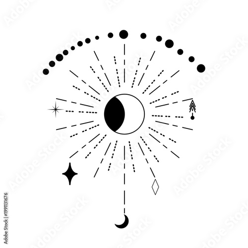 Black and white vector illustration of a moon with radiant lines, dotted arch, and celestial ornaments. Minimal mystical design for tattoo, print, or poster.
